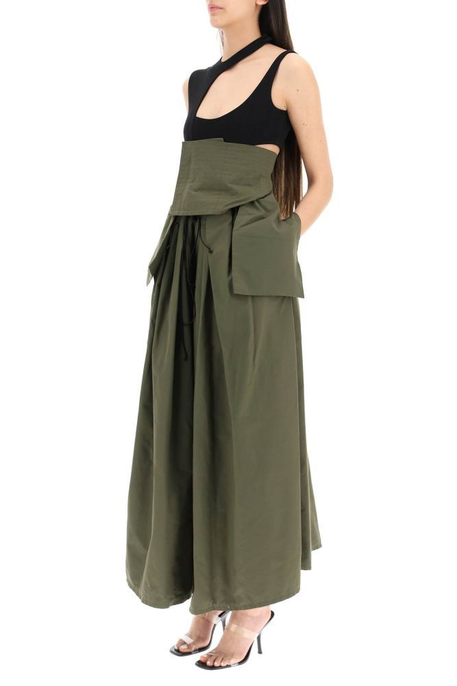 A.W.A.K.E. Mode maxi skirt pant in cotton blend poplin, characterized by bustier design at waistband with hook&loop fastening and dropped panel. Drawstring waistband, slash pockets. Oversized fit. The model is 177 cm tall and wears a size FR 36.