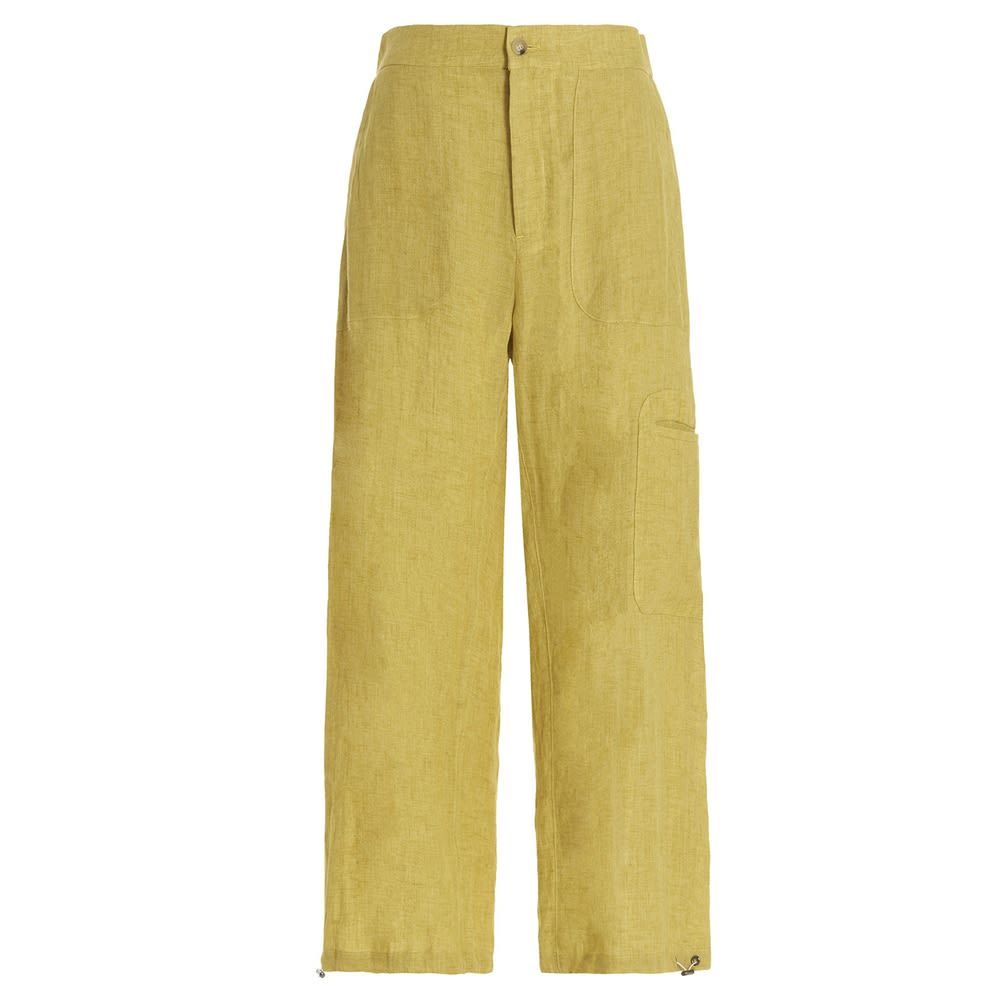 Linen trousers featuring five pockets and an ankle hem with an adjustable drawstring.