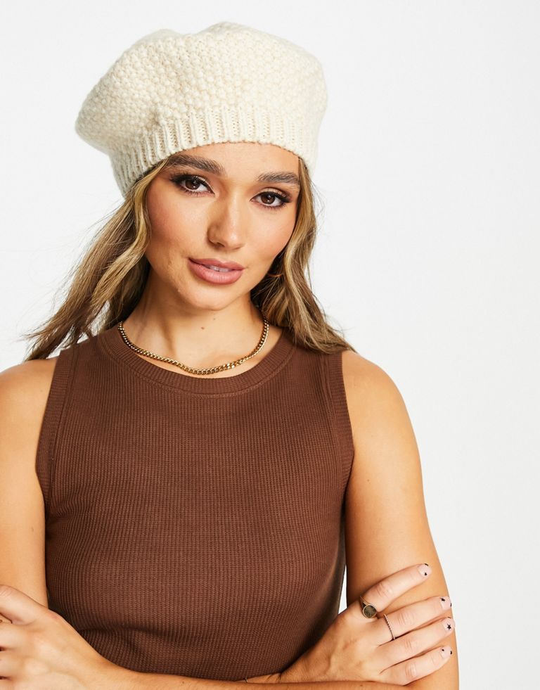 ASOS DESIGN crochet knit beret in cream-Neutral