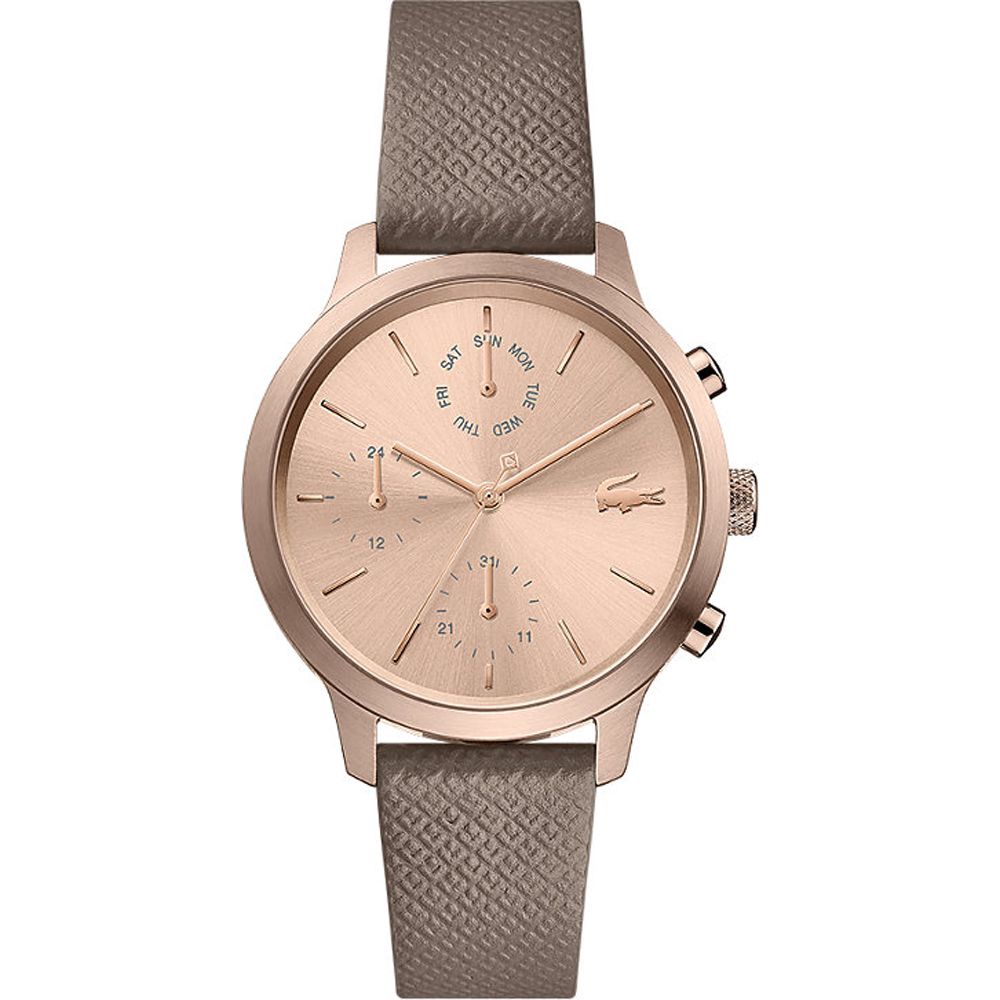 This Lacoste 12.12 Multi Dial Watch for Women is the perfect timepiece to wear or to gift. It's Rose gold 36 mm Round case combined with the comfortable Taupe Leather will ensure you enjoy this stunning timepiece without any compromise. Operated by a high quality Quartz movement and water resistant to 5 bars, your watch will keep ticking. Elegant and fashionable watch that is suitable for the daily life of every Women  -The watch has a Calendar function: Day-Date, 24-hour Display High quality 19 cm length and 15 mm width Taupe Leather strap with a Buckle Case diameter: 36 mm,case thickness: 10 mm, case colour: Rose Gold and dial colour: Rose gold