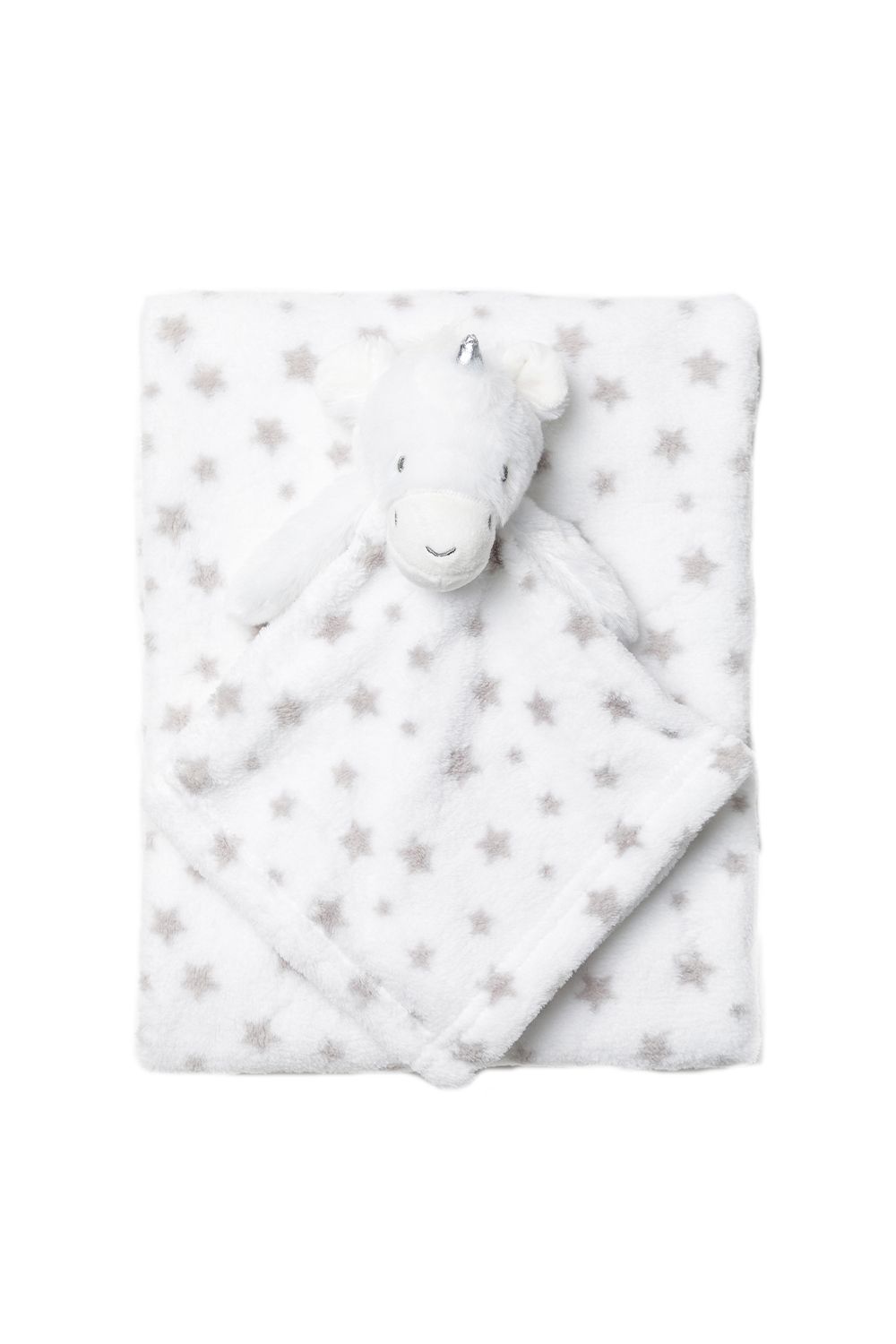 This adorable Snuggle Tots comforter and blanket set make the perfect gift for the little one in your life. The two-piece set features a beautiful, fluffy blanket with a grey star print all over, and a comforter with the same print with a cuddly unicorn toy attached. This set makes a lovely baby shower present.
