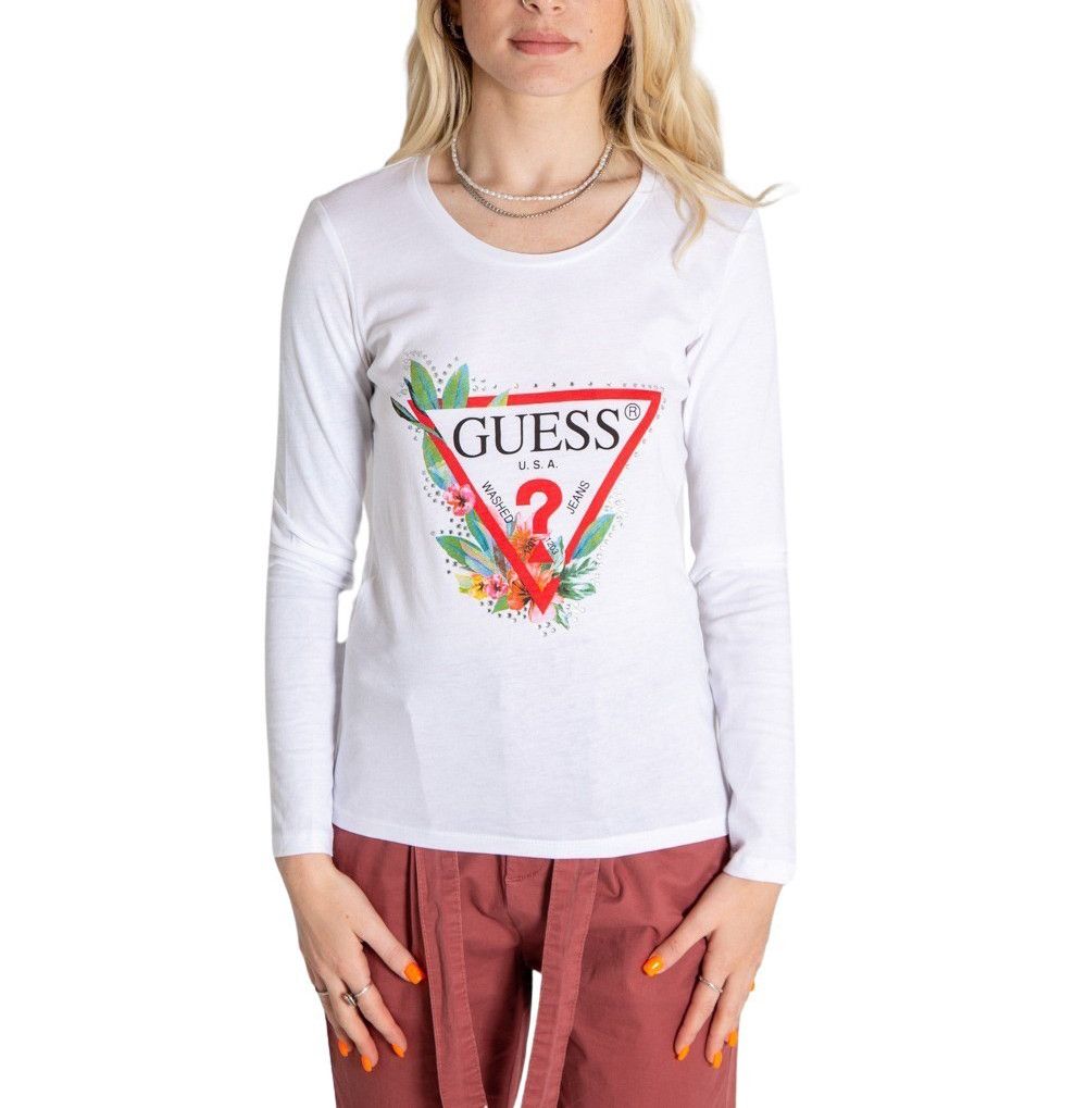 Brand: Guess
Gender: Women
Type: T-shirts
Season: Fall/Winter

PRODUCT DETAIL
• Color: white
• Pattern: print
• Fastening: slip on
• Sleeves: long
• Neckline: round neck

COMPOSITION AND MATERIAL
• Composition: -100% cotton 
•  Washing: machine wash at 30°