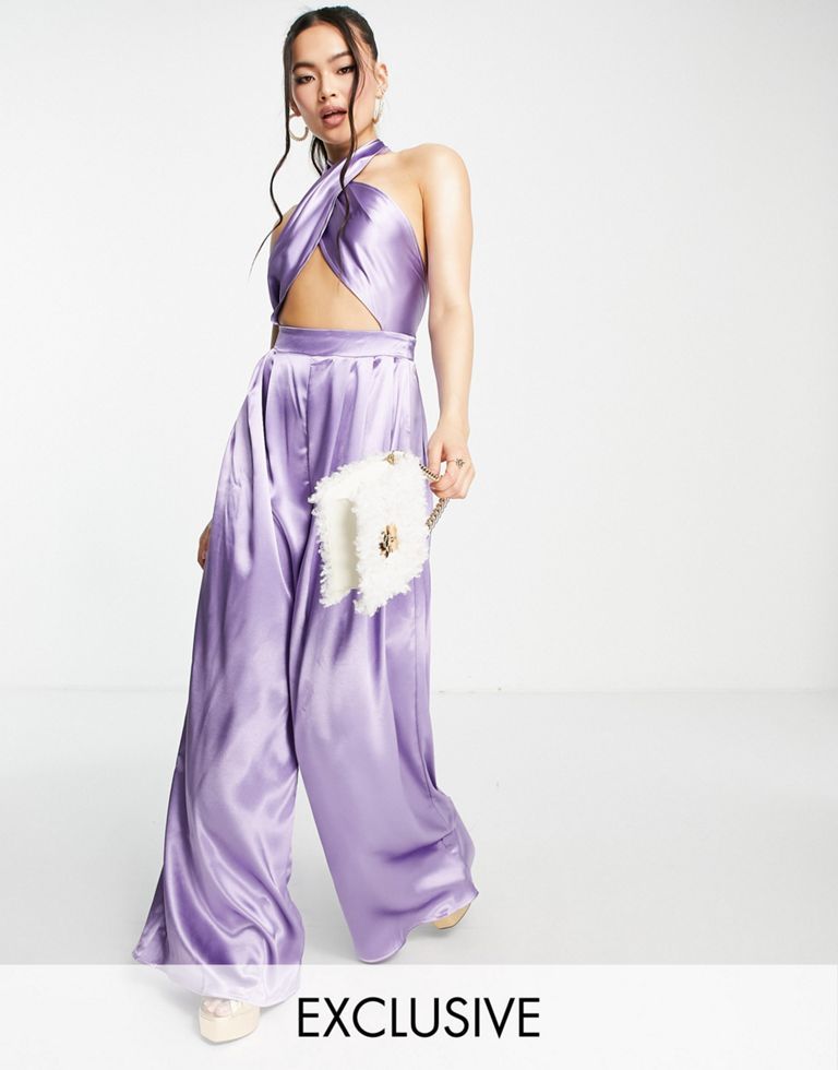 satin crossover halter wide leg jumpsuit