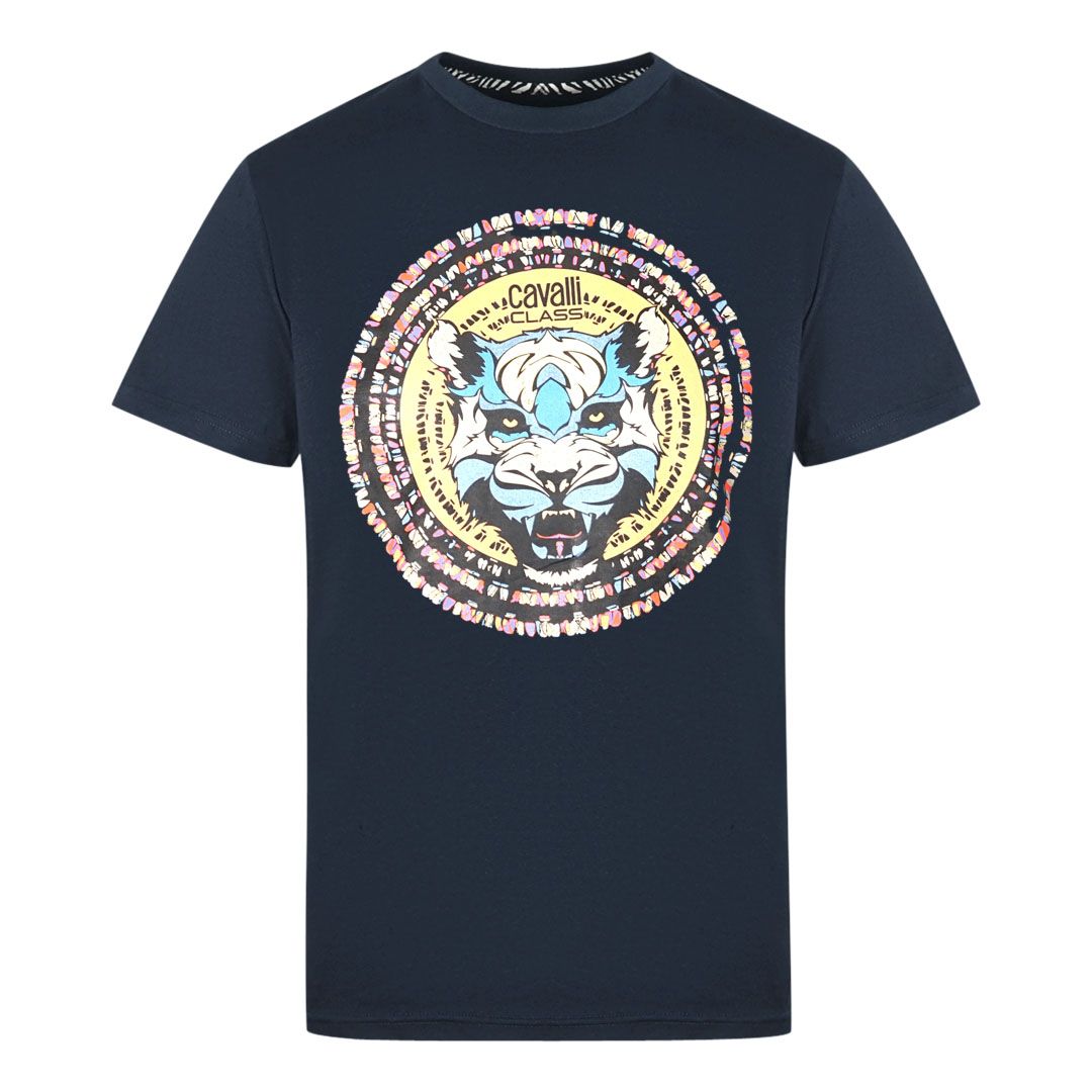 Cavalli Class Circular Wild Cat Logo Navy T-Shirt
