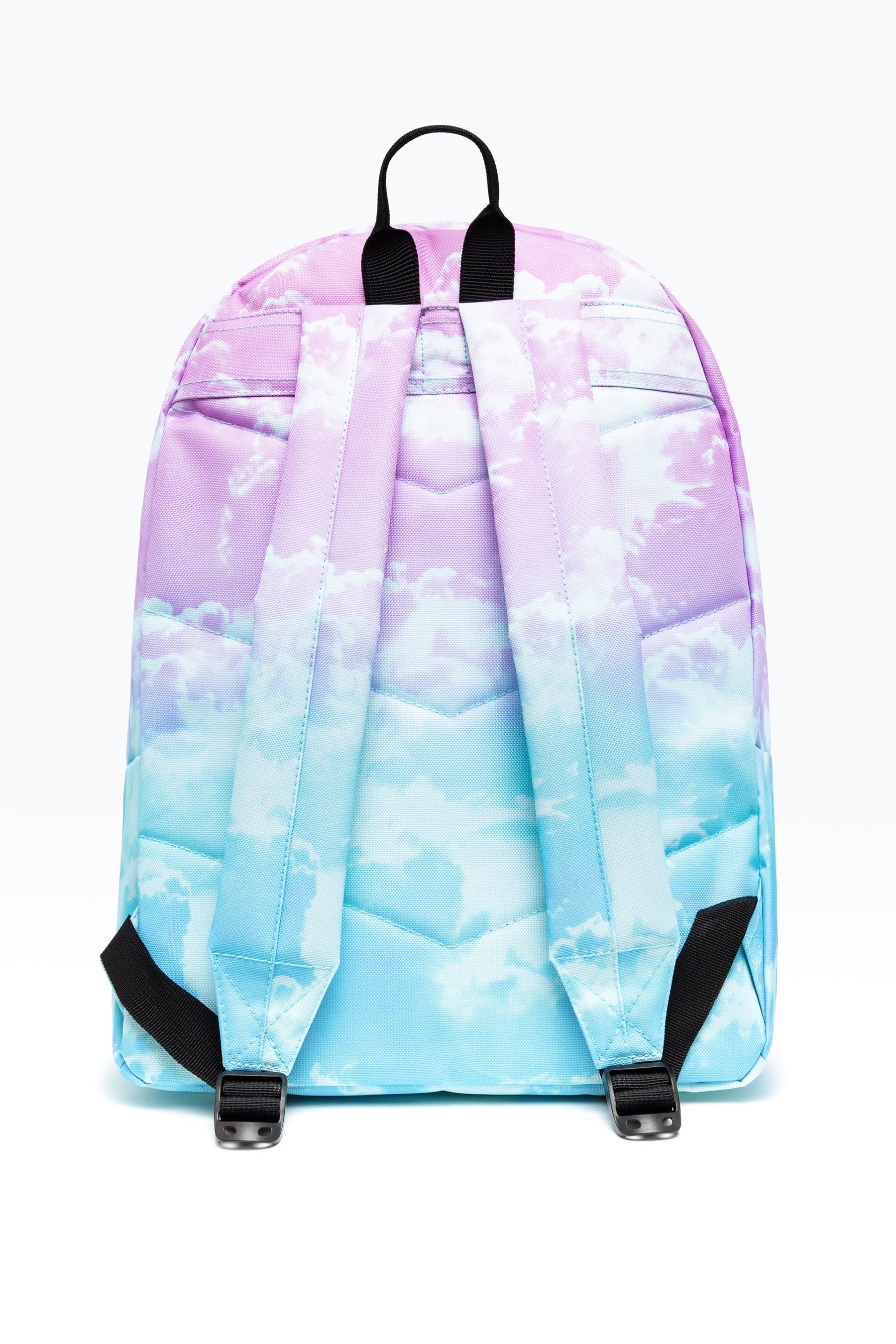 Living life on Cloud 9. The HYPE. Lilac Cloud Backpack is the ultimate summer accessory. Designed with a trending all-over cloud print combined with our signature gradient effect in a pastel pink and baby blue colour palette. Measuring at 42cms x 30cms x 12cms, finished with a front mini pocket, grab handle, embossed zips and inside branded lining. Finished with the iconic HYPE. crest badge in monochrome embroidered on the front. The straps offer supreme comfort with just the right amount of padding. Wipe clean only.