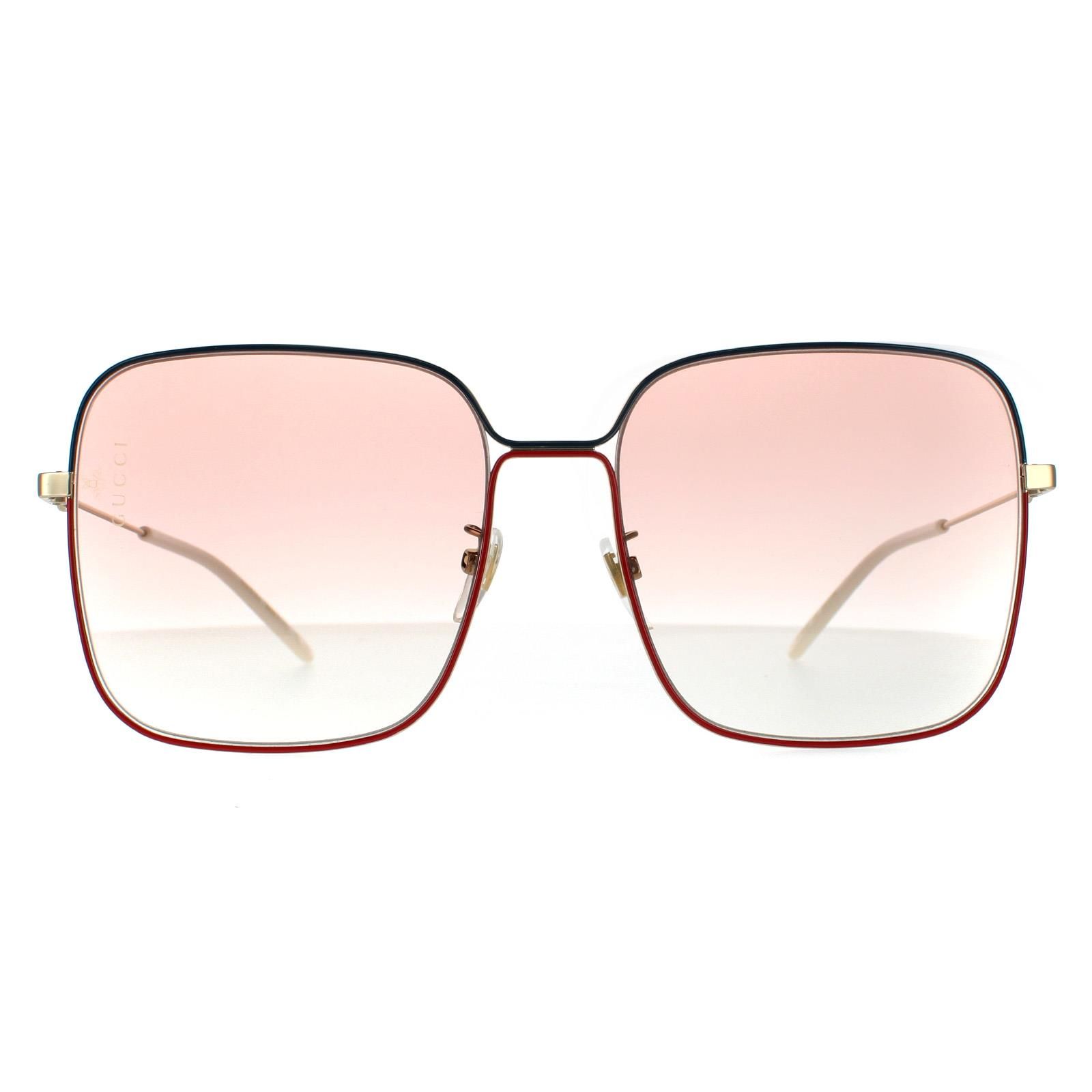 Gucci Square Womens Gold with Green and Red Pink Gradient Sunglasses GG0443S are an oversized square style crafted from lightweight acetate. Adjustable nose pads and plastic temple tips allow a personalised fit. To finish the look slender metal temples feature the Gucci emblem.