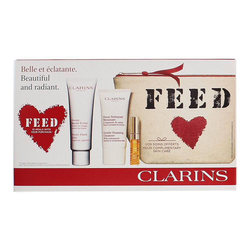 Clarins Feed 3 Piece Gift Set: Foaming Cleanser 30ml - Beauty Flash Balm 50ml - Lip Comfort Oil 2.8ml