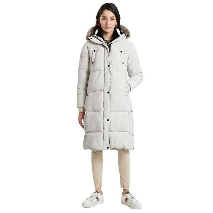 Brand: Desigual
Gender: Women
Type: Jackets
Season: Fall/Winter

PRODUCT DETAIL
• Color: white
• Pattern: plain
• Fastening: zip and automatic buttons
• Sleeves: long
• Collar: hood

COMPOSITION AND MATERIAL
• Composition: -100% polyester 
•  Washing: machine wash at 30°