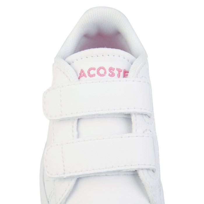 Infant Girls Lacoste Carnaby Evo Trainers in white pink.- Synthetic upper.- Hook and loop fastening.- Lightly padded collar.- Lacoste branding to the side  heel and tongue.- Cushioned Ortholite® insole.- Synthetic Upper  Textile Lining  Synthetic Sole.- Ref: 737SUI0012B53