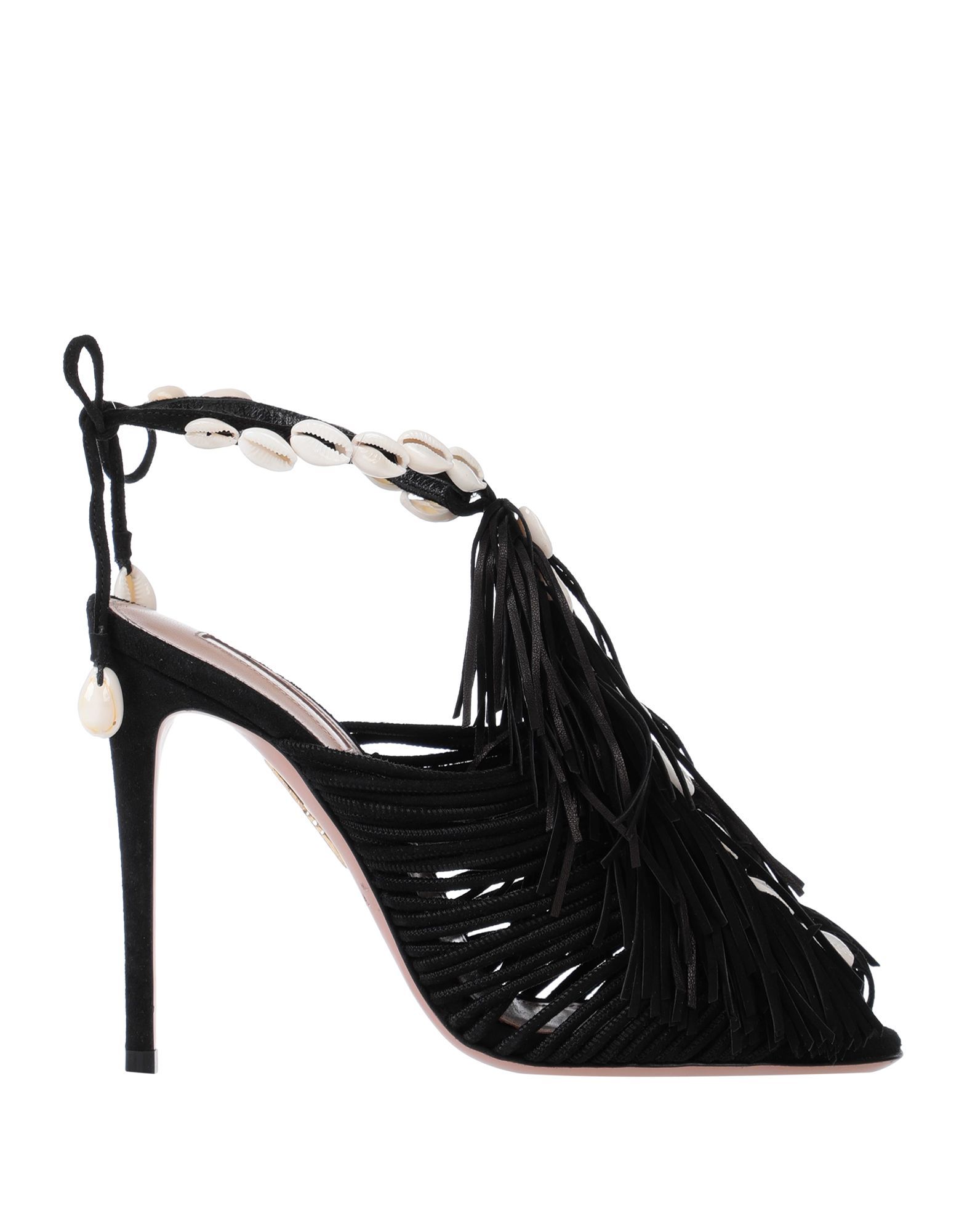 suede effect, fringe, contrasting applications, buckling ankle strap closure, solid colour, round toeline, spike heel, covered heel, leather lining, leather sole, contains non-textile parts of animal origin