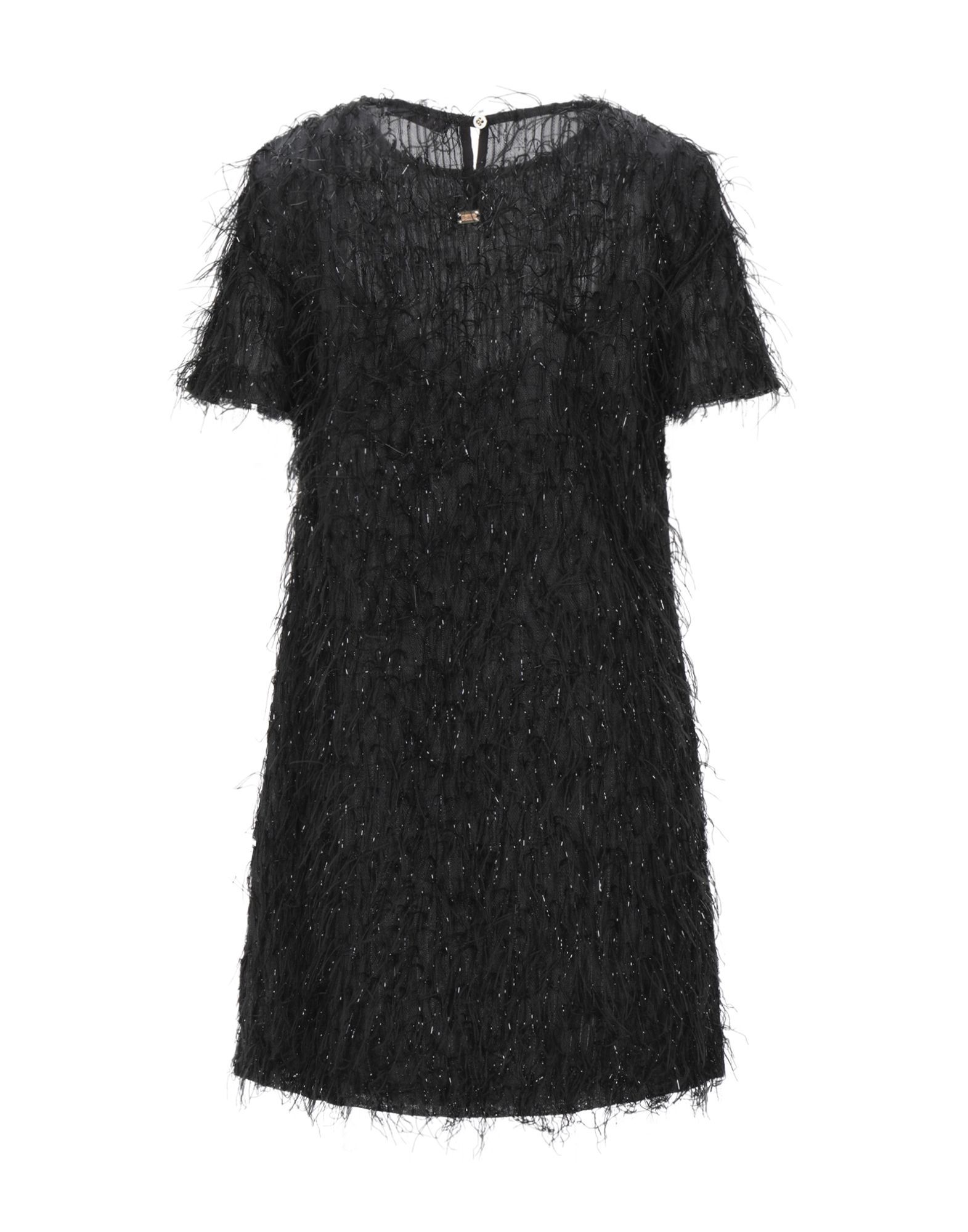 crepe, lamé, fringed, solid colour, round collar, short sleeves, no pockets, rear closure, button closing, internal slip dress