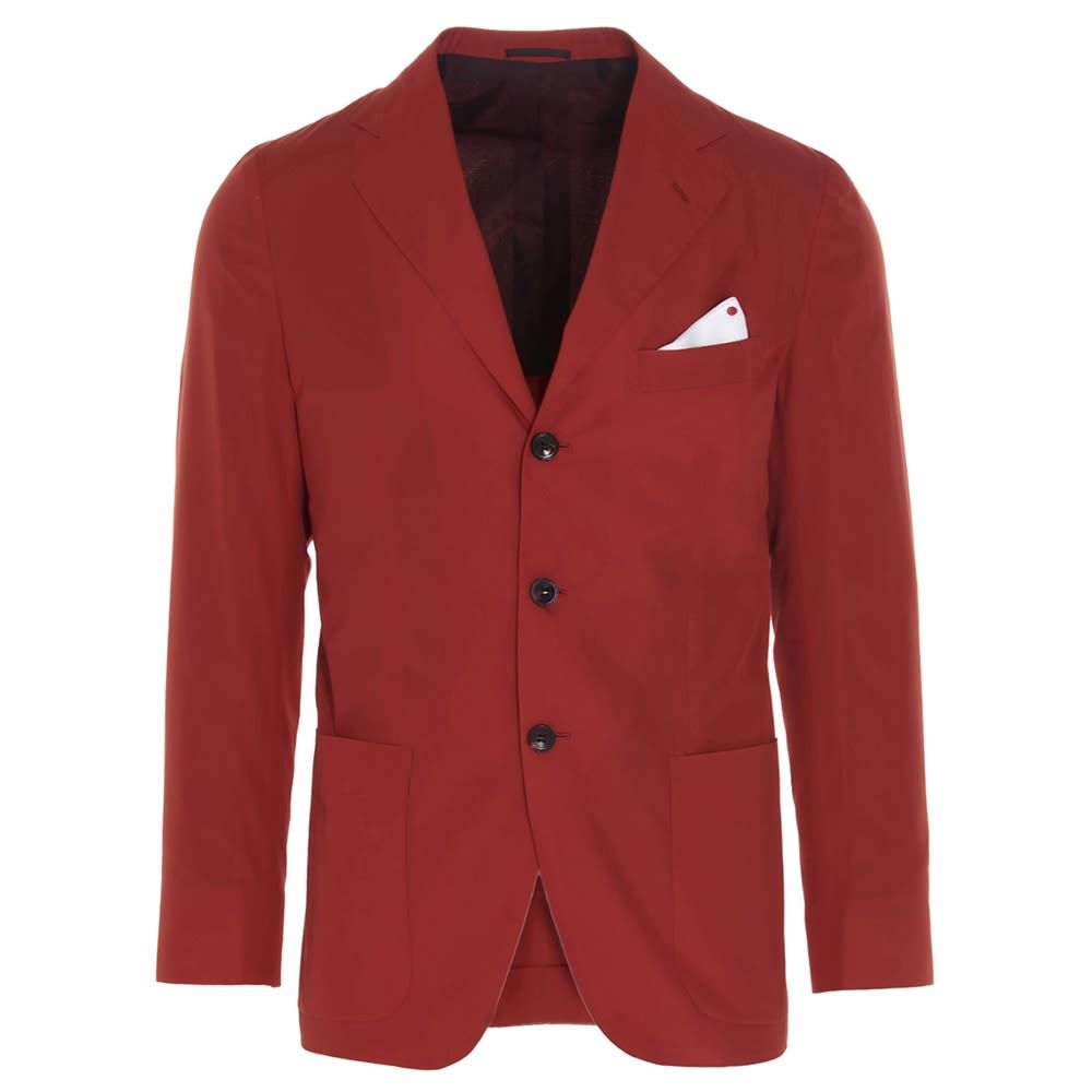 Kiton deconstructed cotton single-breasted blazer, Drop 8, mirrored lapels and unlined patch pocket.
