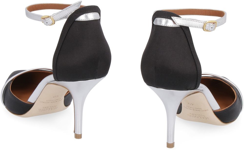 Adjustable Ankle Strap with buckleMetallic leather detailsSatin upperStiletto heels100% fabric, 100% Leather