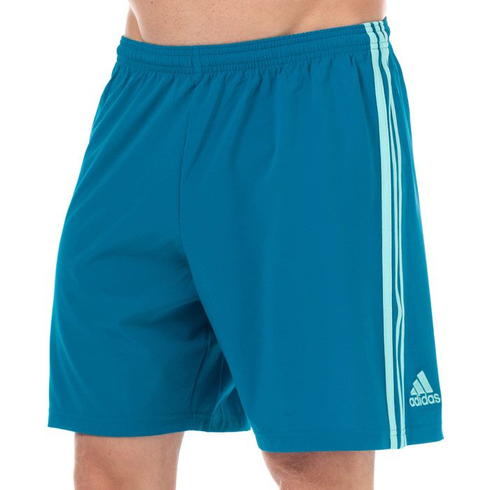 Mens adidas Condivo 18 Shorts in unity blue - energy aqua. – climalite fabric sweeps sweat away from your skin. – Elasticated waist with inner drawcord. – Applied 3-Stripes to sides. – Embroidered adidas Badge Of Sport logo above left hem on reverse. – Lightweight fabric construction. – Regular fit. – Inside leg length measures 7in approximately. – Main material: 86% Polyester  14% Elastane.  Machine washable. – Ref: CE1701 – Measurements are intended for guidance only.