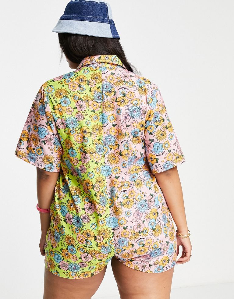 COLLUSION Plus mixed print floral revere playsuit in linenMulti