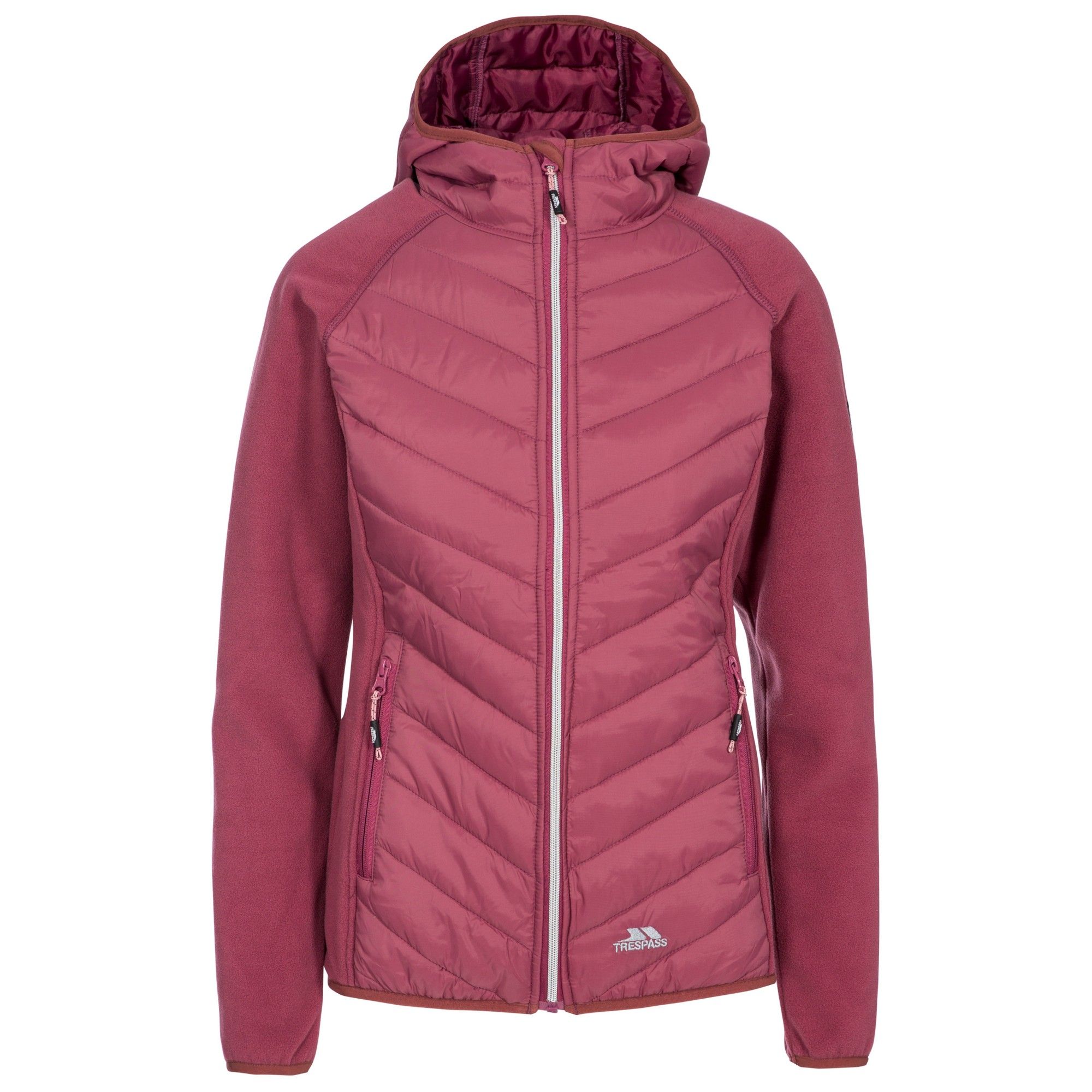 Fleece jacket. Soft touch padded panels. Grown on hood. Chin guard. 2 low profile zip pockets. Stretch binding at edges. 100% Polyester/100% Polyamide. Trespass Womens Chest Sizing (approx): XS/8 - 32in/81cm, S/10 - 34in/86cm, M/12 - 36in/91.4cm, L/14 - 38in/96.5cm, XL/16 - 40in/101.5cm, XXL/18 - 42in/106.5cm.