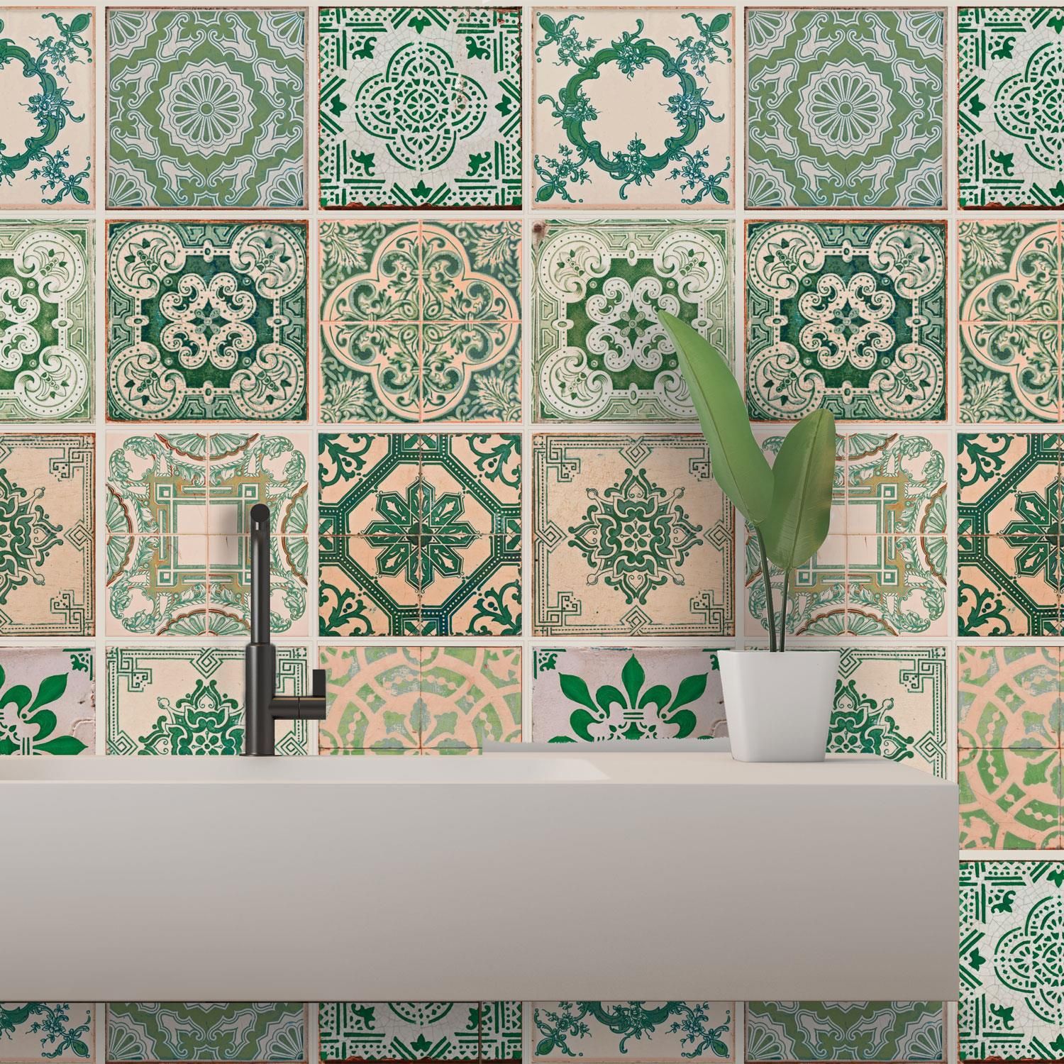- Green pattern of azulejo was inspired by the vintage Spain tile art. The graceful combination of green and grey pattern bring you to the old town of Spain, as if the Mediterranean sun was just by your side.
- To apply, just peel and stick onto any clean, flat surfaces like wall, furniture or as window screen, and you are good to go! Easy to install and to remove without leaving a trace.
- Can be easily trimmed / cut to fit.
- Package Contains: 24 pieces of stickers 15 x 15 cm Coverage area: 0.54 square meters.
