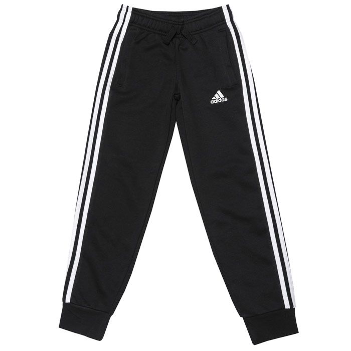 Junior Boys adidas 3S Slim Jog Pant  Black.  <BR><BR>- Elasticated waistband with drawcord. <BR>- Ribbed cuffs.<BR>- Two side pockets.<BR>- Contrasting white 3-stripes. <BR>- Iconic Trefoil logo to the left thigh finish. <BR>- 52% cotton  48% polyester. Machine washable.<BR>- Ref: CF1837J