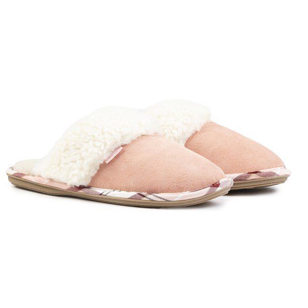 Sink Into The Comfort Of The Pink Barbour Lydia Slippers With A Suede Upper And Cosy White Teddy Bear Lining. A Classic Style With Elegant, Clean Lines And A Tartan Patterned Edge, These Slippers Are Ideal For Lounging Around The House And Showing Off The Luxurious Country-style Designer Look From Barbour.