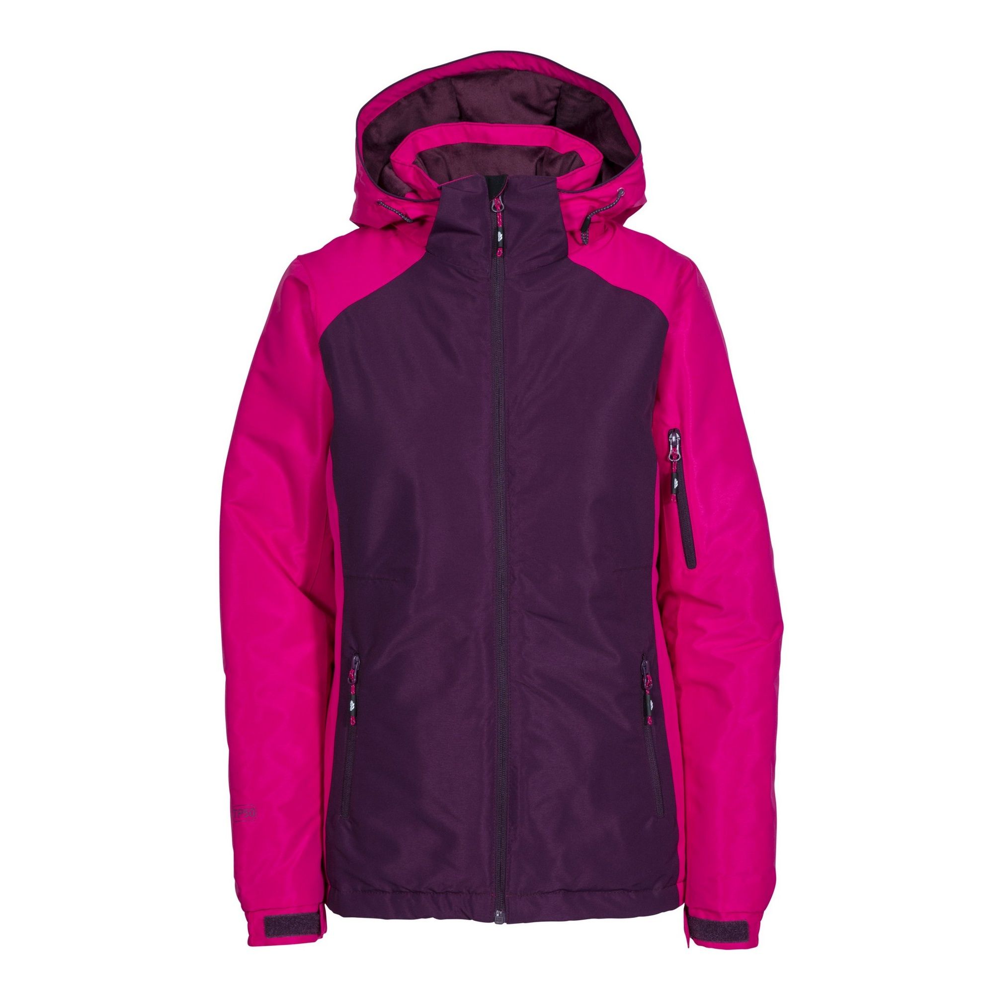 Womens ski jacket with adjustable, zip-off hood. 2 x low profile zip pockets. 1 x low profile zip sleeve pocket. C/F low profile zip. Inner storm flap. Adjustable, touch fastening cuffs. Hem drawcord. Snow skirt. Taped seams. Ideal for wearing outside on a cold day. Outer: 100% Polyester Taslan TPU Membrane. Lining: Polyester/Polyamide. Filling: 100% Polyester.