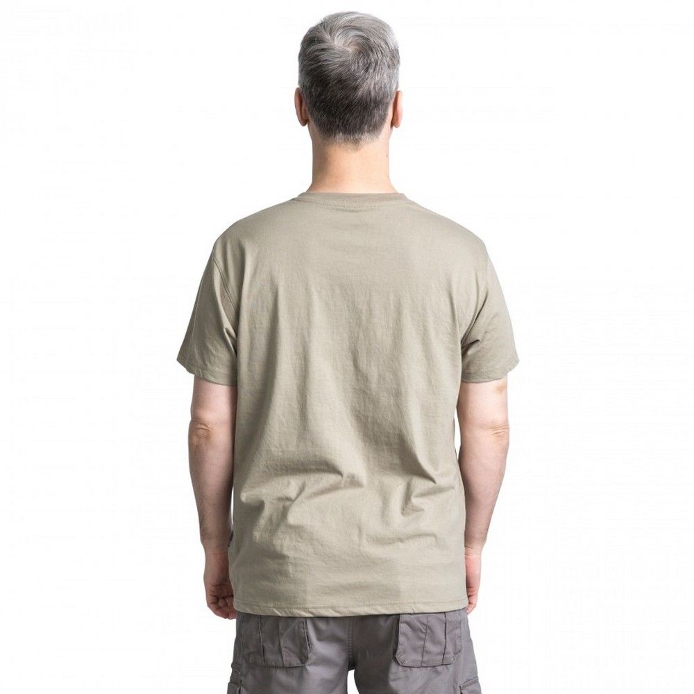 Mens short sleeved T-shirt with round neck. Print on chest. 65% Polyester/35% Cotton. Trespass Mens Chest Sizing (approx): S - 35-37in/89-94cm, M - 38-40in/96.5-101.5cm, L - 41-43in/104-109cm, XL - 44-46in/111.5-117cm, XXL - 46-48in/117-122cm, 3XL - 48-50in/122-127cm.