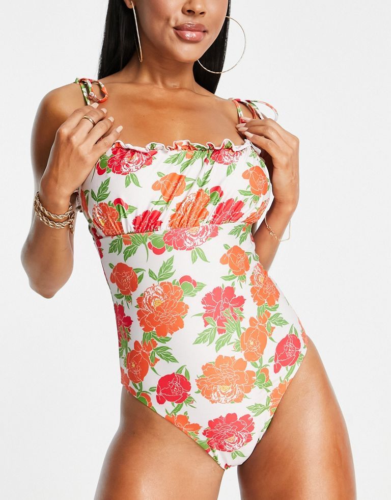 Asos Design Tie Shoulder Lettuce Edge Swimsuit In Bold Floral Print Multi 1483