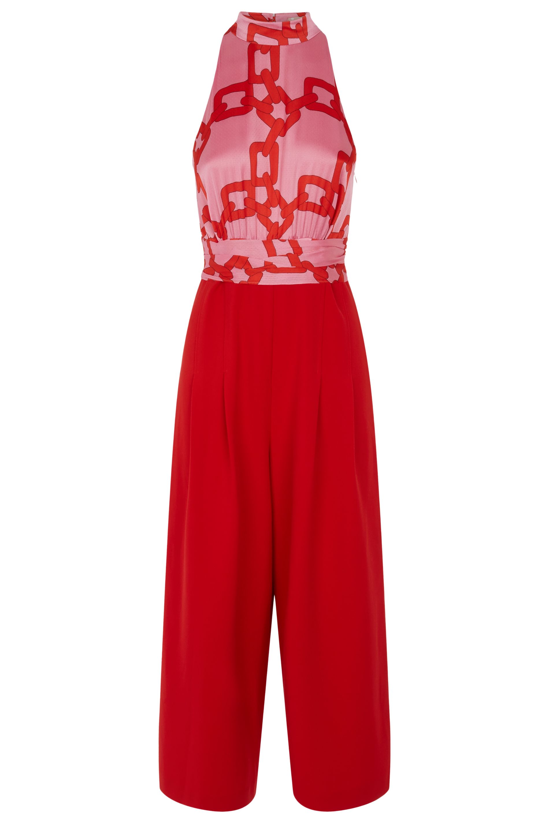 Our new take on the classic jumpsuit, the Divided Jumpsuit is elegantly tailored to perfectly flatter and accentuate the form. Boasting a structured chain print bodice with a halter-neck, this glamorous style will bring class and sophistication to evening occasions.  100% Polyester, Trouser 50% Cotton 40% Nylon 10% Elastane. Machine Wash at 30c
