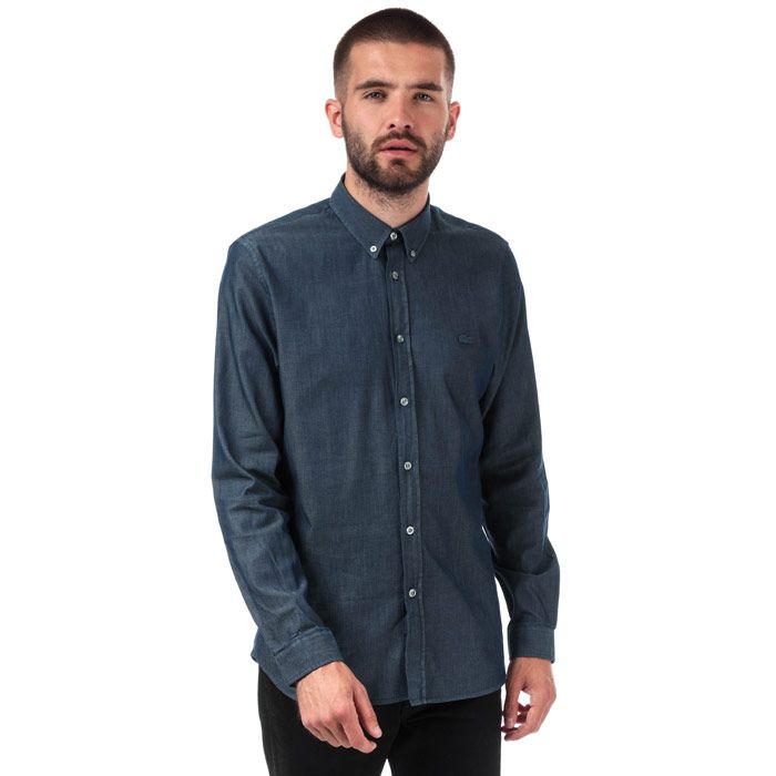 Mens Lacoste Chambray Long Sleeve Shirt  Navy. <BR><BR>- Buttoned classic collar.<BR>- Slim fit.<BR>- Stretch jacquard cotton.<BR>- Mother-of-pearl Lacoste designer buttons.<BR>- Embroidered green crocodile branding on chest.  <BR>- Cotton 100%. Machine washable.<BR>- Ref: CH056700166.