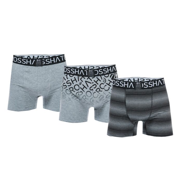 Mens Crosshatch Black Label Formbee 3 Pack Boxer Shorts in Grey<BR><BR>- 3 pairs grey<BR>- 1 pair striped<BR>- 1 pair large branding<BR>- 1 pair plain<BR>- Branding to waistband<BR>- 65% Polyester  30% Cotton  5% Elastane. Machine Washable<BR>- Ref: CH2T113701<BR><BR>We regret that underwear is non-returnable due to hygiene reasons