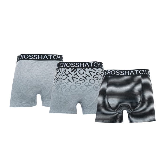 Mens Crosshatch Black Label Formbee 3 Pack Boxer Shorts in Grey<BR><BR>- 3 pairs grey<BR>- 1 pair striped<BR>- 1 pair large branding<BR>- 1 pair plain<BR>- Branding to waistband<BR>- 65% Polyester  30% Cotton  5% Elastane. Machine Washable<BR>- Ref: CH2T113701<BR><BR>We regret that underwear is non-returnable due to hygiene reasons