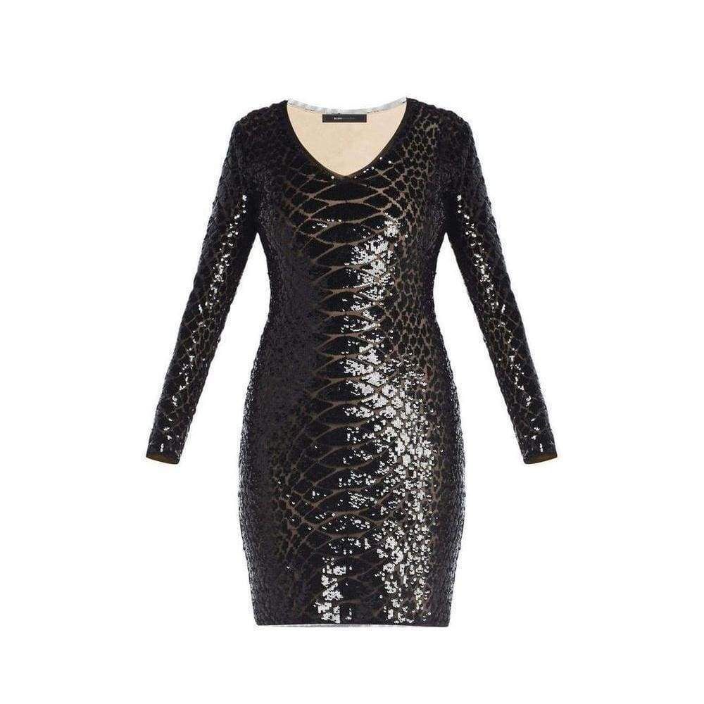 FINAL SALE This exotic dress features dynamic python sequin detailing for a fierce night-out look that effortlessly turns heads. V-neckline. Long sleeves. Allover python sequin detailing. Knee-length hemline. Self: Polyester, Spandex tulle. Lining: Polyester, Spandex jersey. Dry Clean Only.