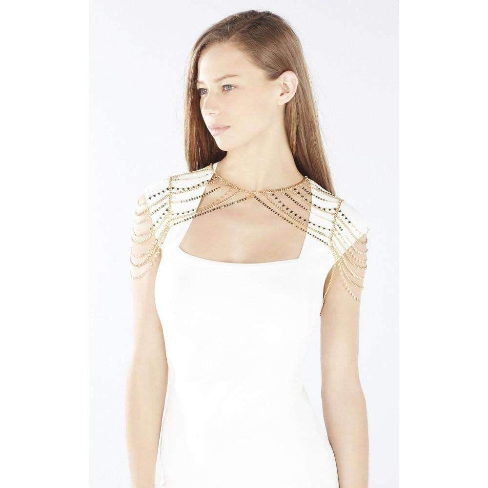 For a glamorous finish to your body-con silhouettes, drape this statement tiered chain shoulder piece over top. Body chain. Multi-strand chains with pyramid detail throughout. Open back. Adjustable length with lobster-clasp fastening and signature icon hardware at back neck. Material: Copper Alloy
