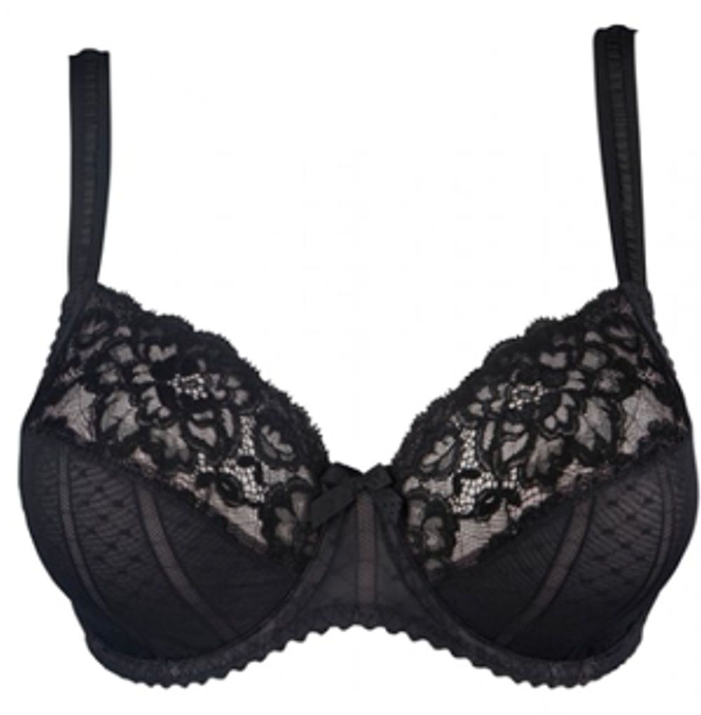 Three section bra with full form that keeps your breasts under cover. The Mider cups are in structure tulle with a corsetry motif, while the elastic lace in the upper cups produces a feminine neckline. The shoulder straps are decorated with a fine stitched band. The firm double-layered Mider cups and the non-elastic side section lift and centre your breasts. The result is perfectly round breasts. Available in colours, Black.