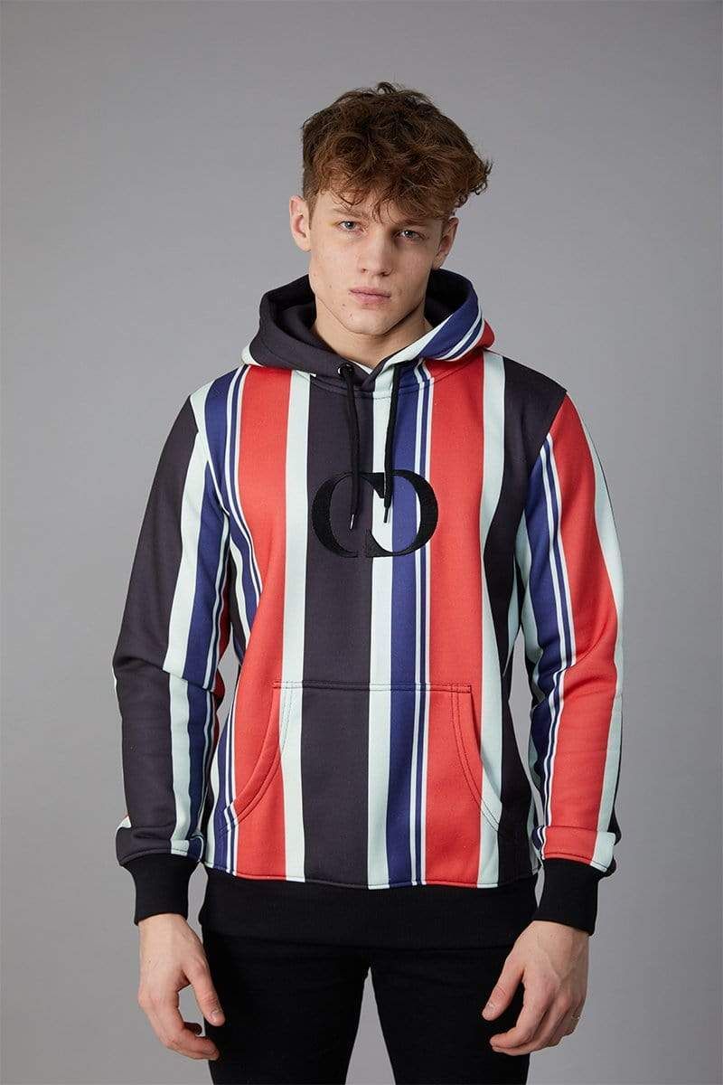 Robbie hood with multi-coloured stripe all-over, embroidered CD logo on chest, Black cuffs and drawstring, Pouch pocket