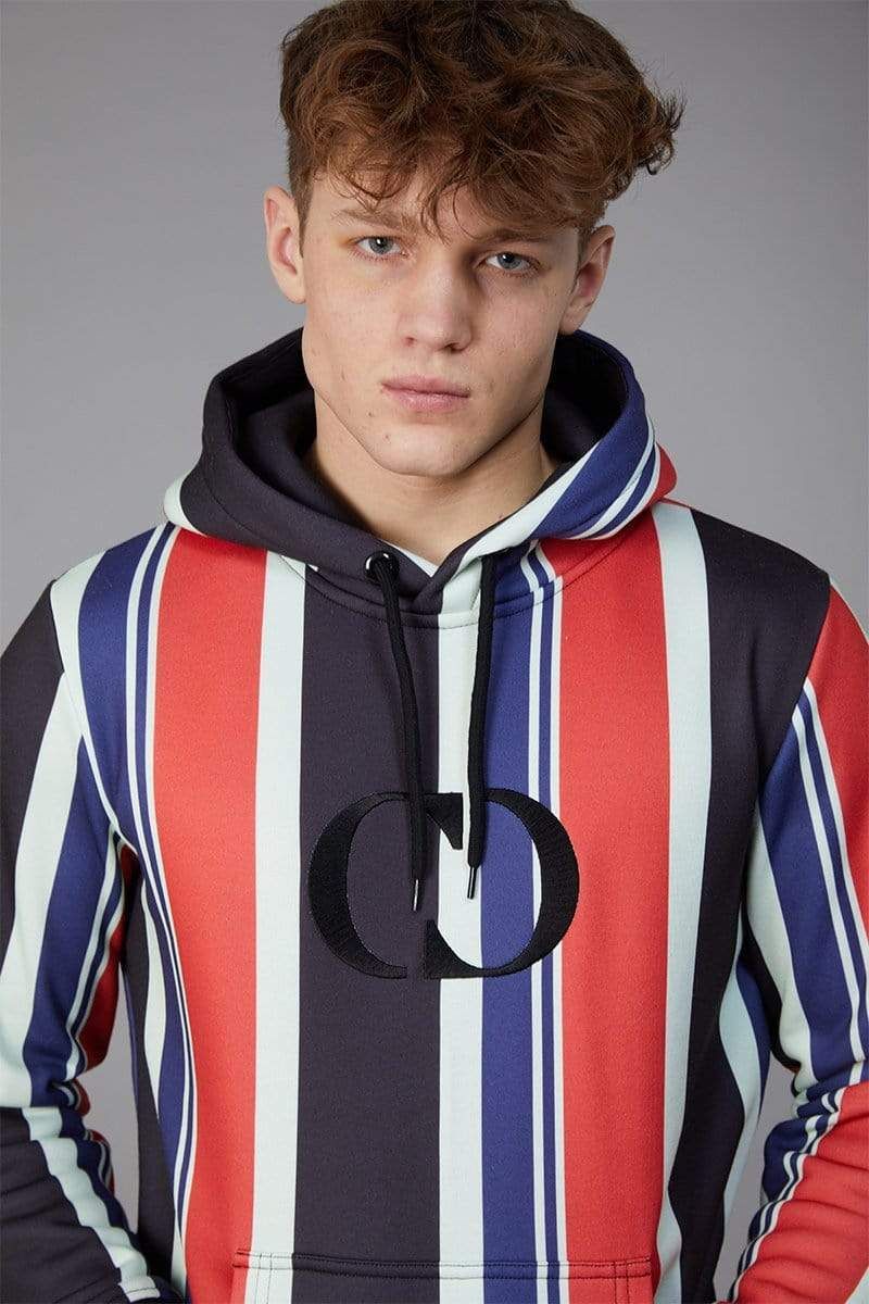 Robbie hood with multi-coloured stripe all-over, embroidered CD logo on chest, Black cuffs and drawstring, Pouch pocket