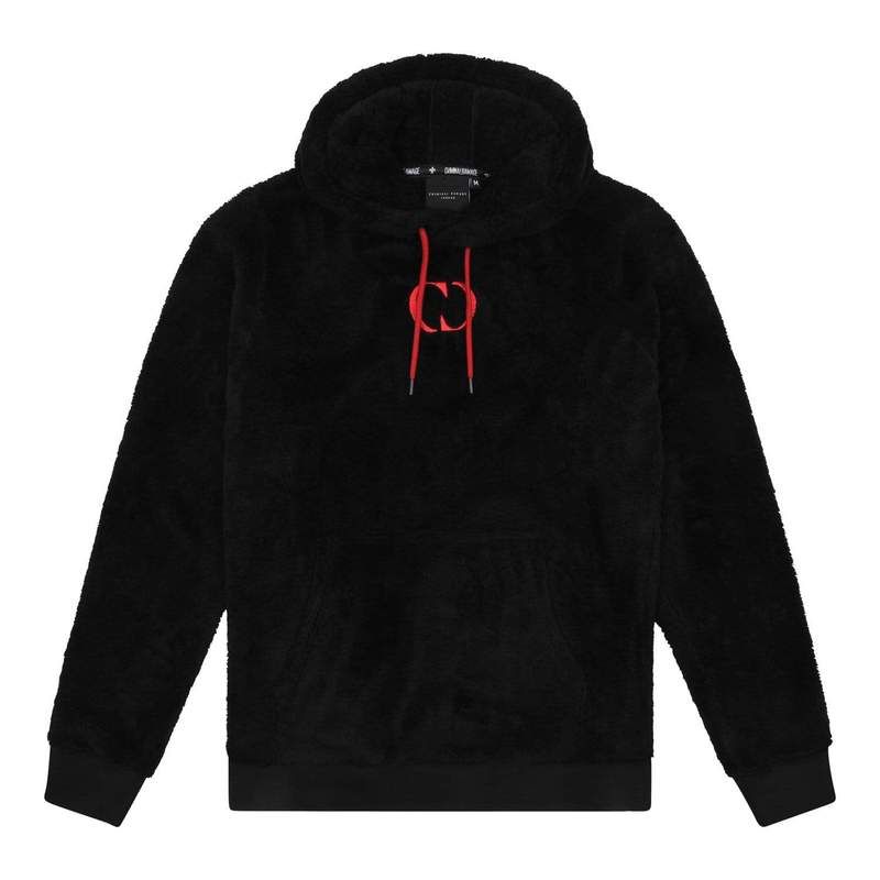 Black fleece hoodie with red embroidered CD logo, Pouch Pocket, Red Drawstring