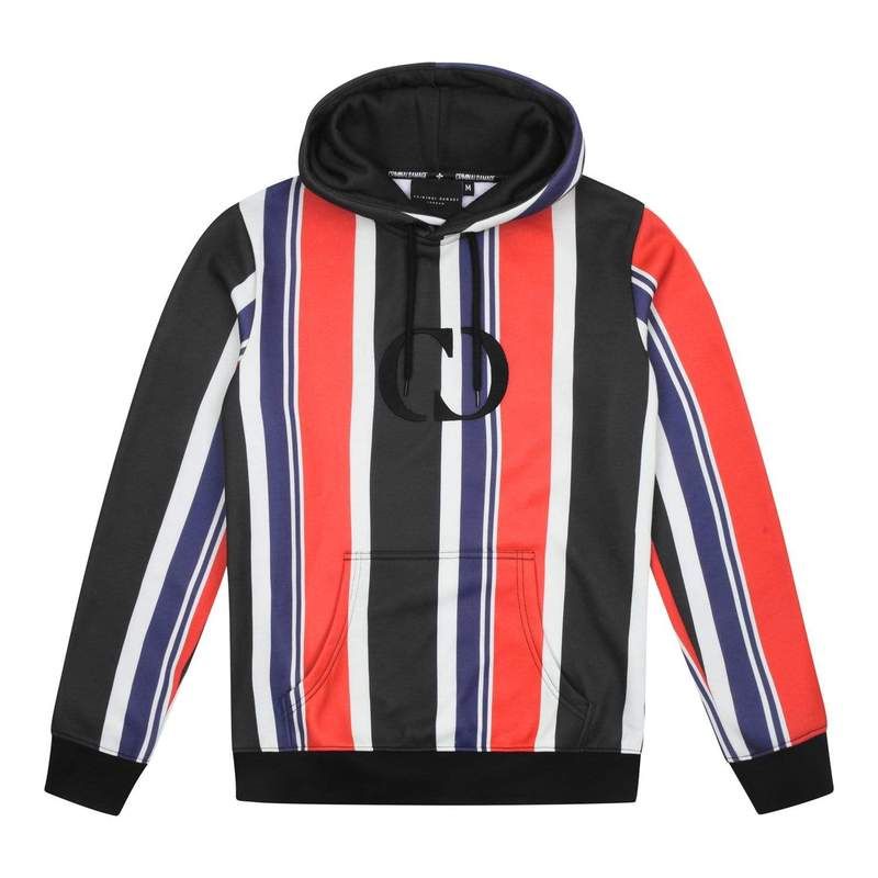 Robbie hood with multi-coloured stripe all-over, embroidered CD logo on chest, Black cuffs and drawstring, Pouch pocket