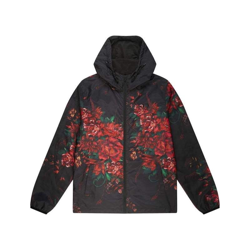 Kai windbreaker with all over red and green floral print, Mesh back panel and CD logo, Elasticated drawstring, Ultra light fabric, Side pockets