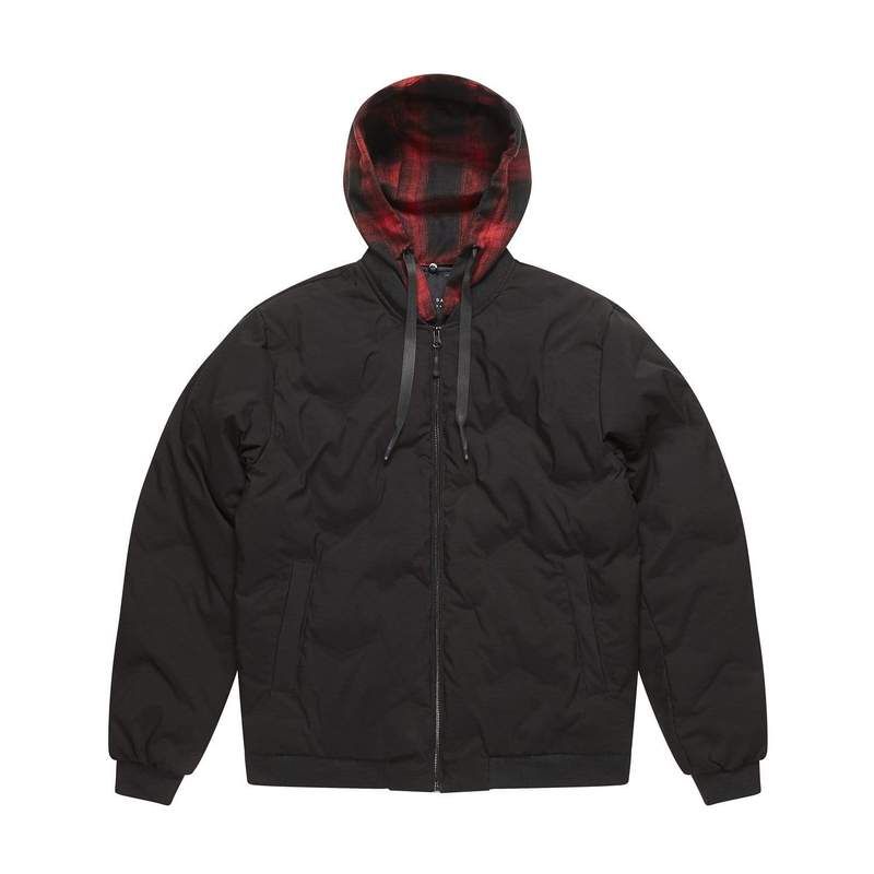 Black puffer jacket with red/black multi hood, Removable hood, Front buttoned pockets, Two side pockets, CD logo