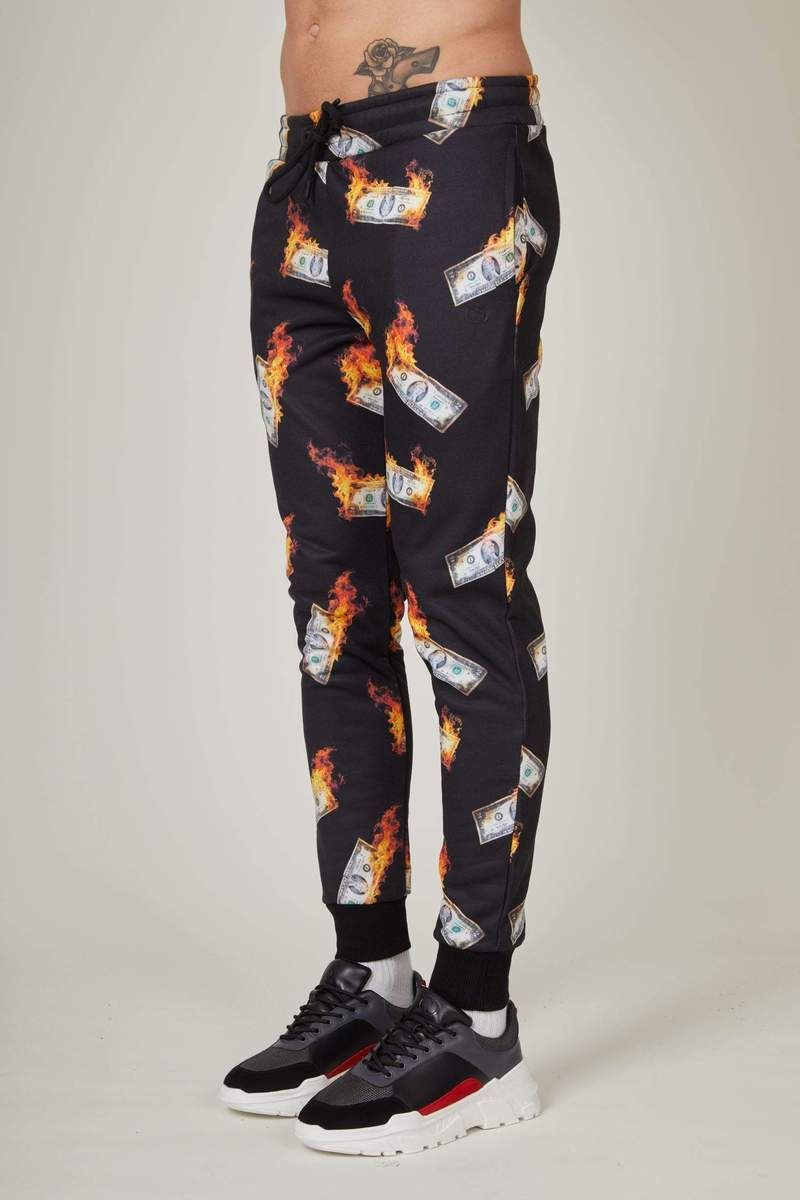 Money jogger with bold money-flames graphic printed allover the garment, Fitted trims