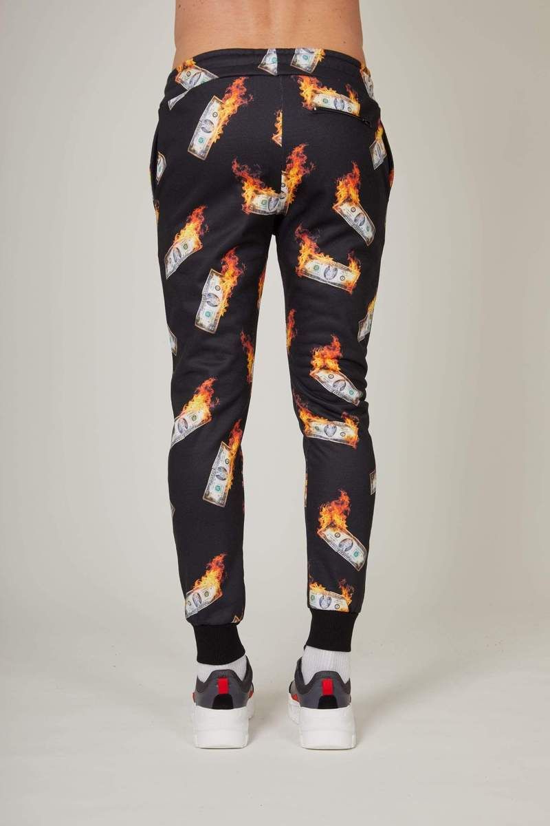 Money jogger with bold money-flames graphic printed allover the garment, Fitted trims