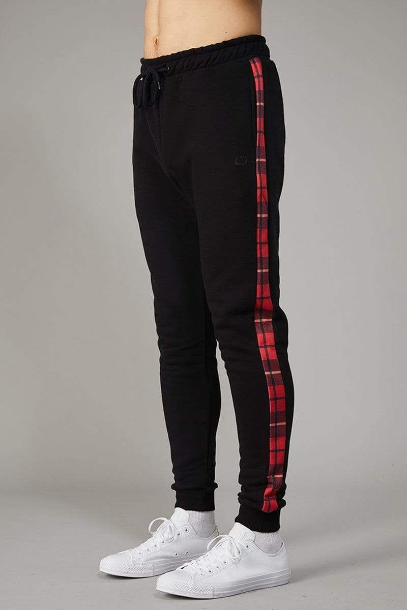 Black fleece jogger with check detail down the side