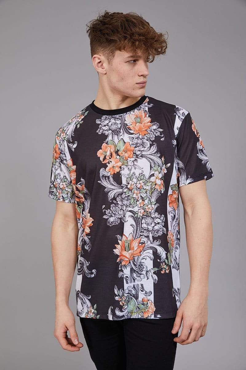 Chalky tee with all over, multi-coloured floral print.
