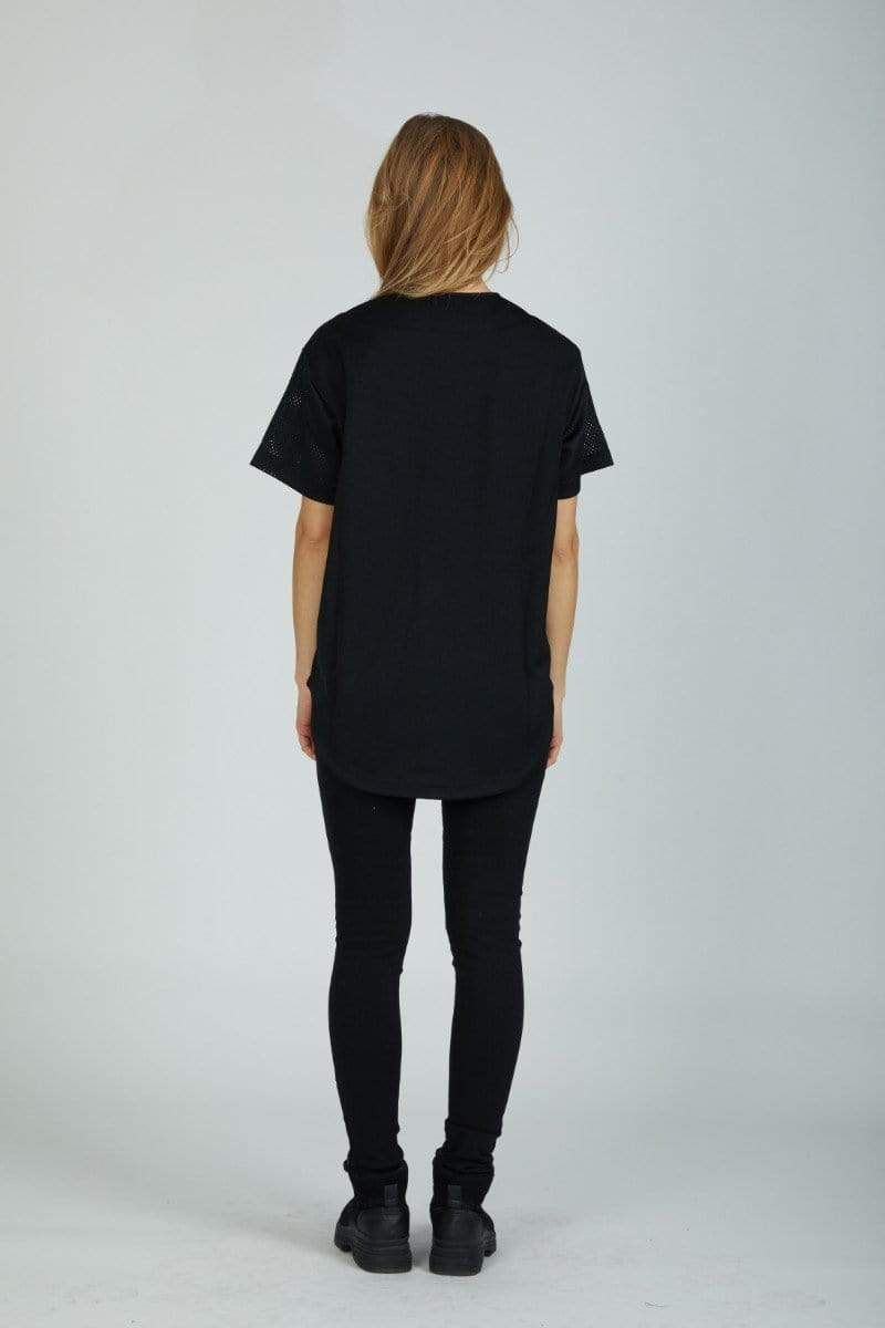 Black basic tee with photo print on the front.