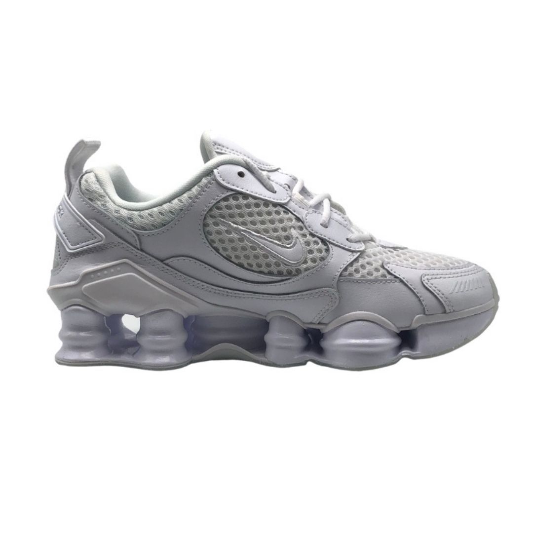 Nike Shox TL Nova Womens Triple White Sneakers. Textile and Other Materials Upper, Rubber Sole. Style: CV3602 103. Nike Shox Cushioning. Lace Fasten Trainers. Branding On The Tongue