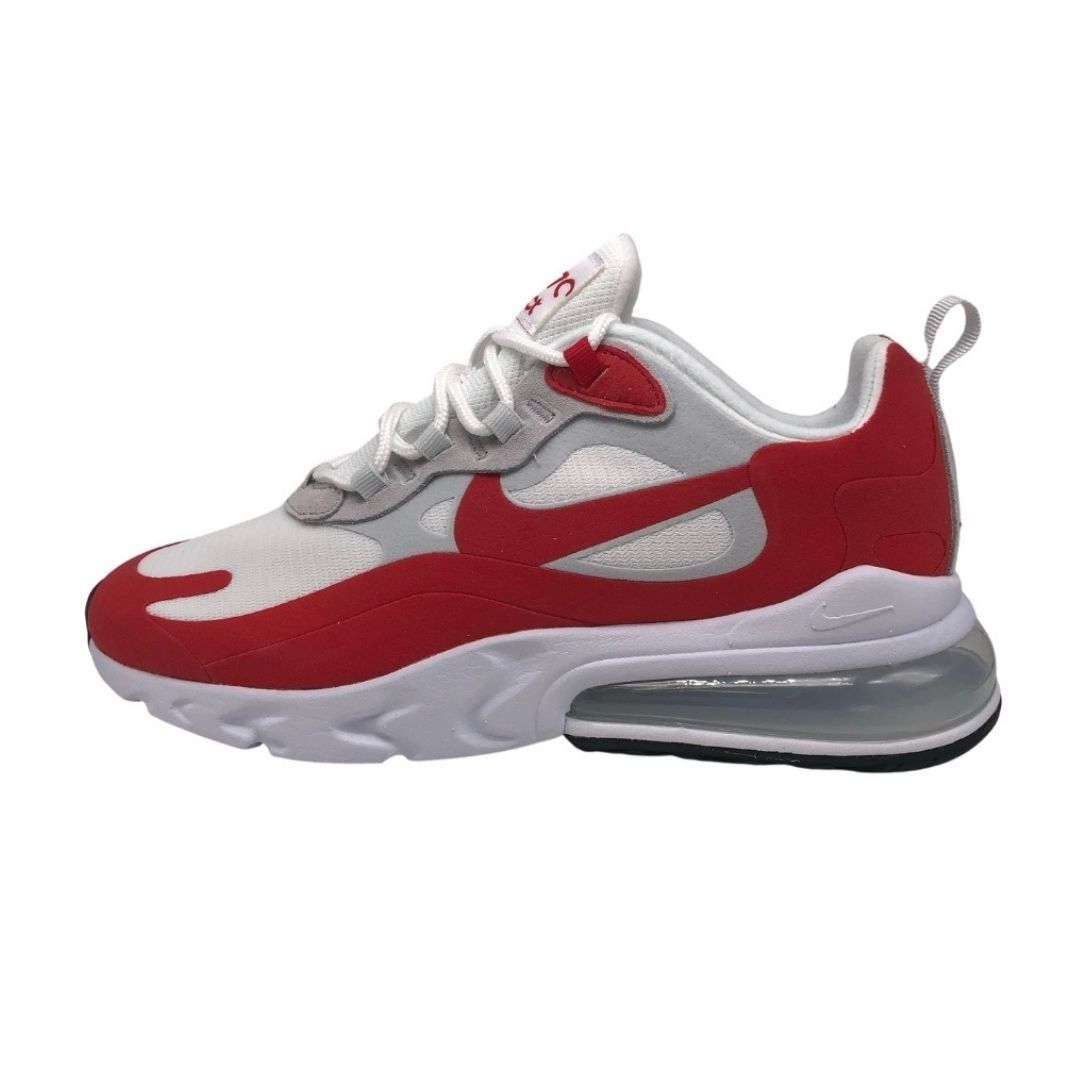Nike Air Max 270 React Mens University Red Sneakers. Textile Material Upper, Rubber Sole. Style: CW2625 100. Air Cushioned. Lace Fasten Trainers. Branding On Side Of Shoe And Tongue