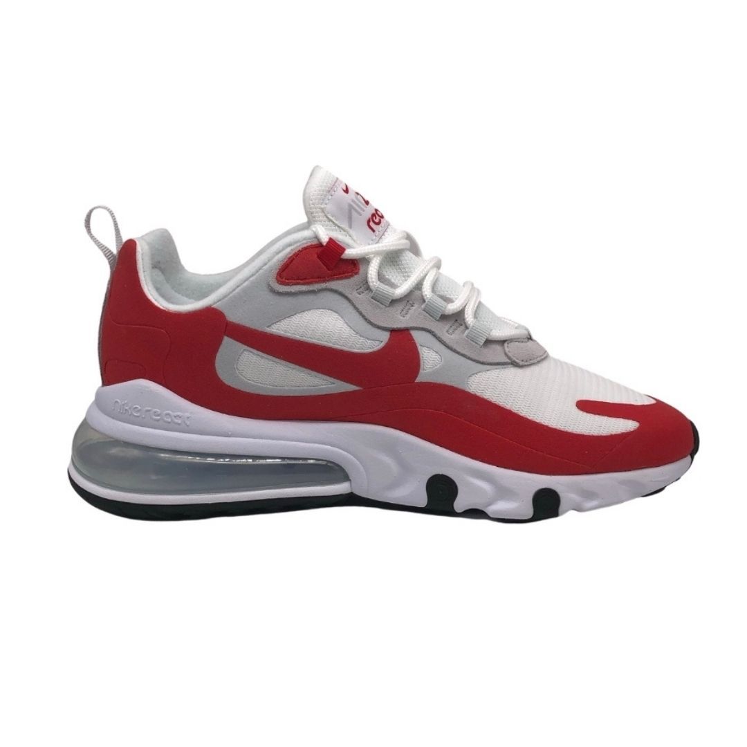Nike Air Max 270 React Mens University Red Sneakers. Textile Material Upper, Rubber Sole. Style: CW2625 100. Air Cushioned. Lace Fasten Trainers. Branding On Side Of Shoe And Tongue