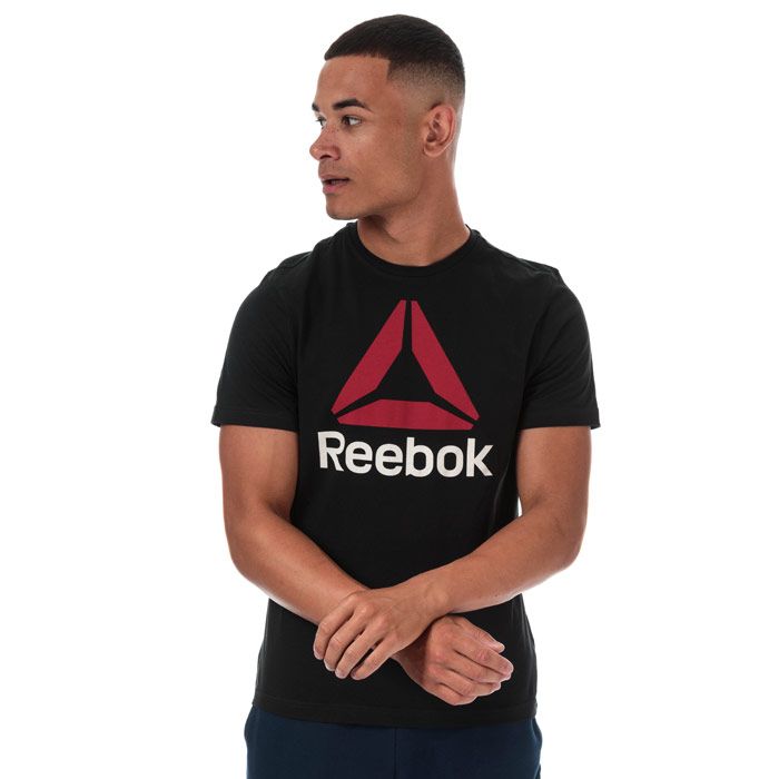 Mens Reebok QQR Stacked T-Shirt in black - excellent red. – Crew neck. – Short sleeves. – Stacked Reebok graphic logo to front. – Tonal back neck tape. – Slim fit. – Main material: 100% Cotton.  Machine washable. – Ref: CW5368