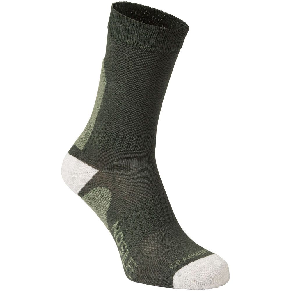 Double cuff. Elasticated Ankle support. Elasticated overfoot support. Vented over foot. Cushioned sole, heel, toe, ankle & rear leg. Supporting mid-step band. Ankle support band.