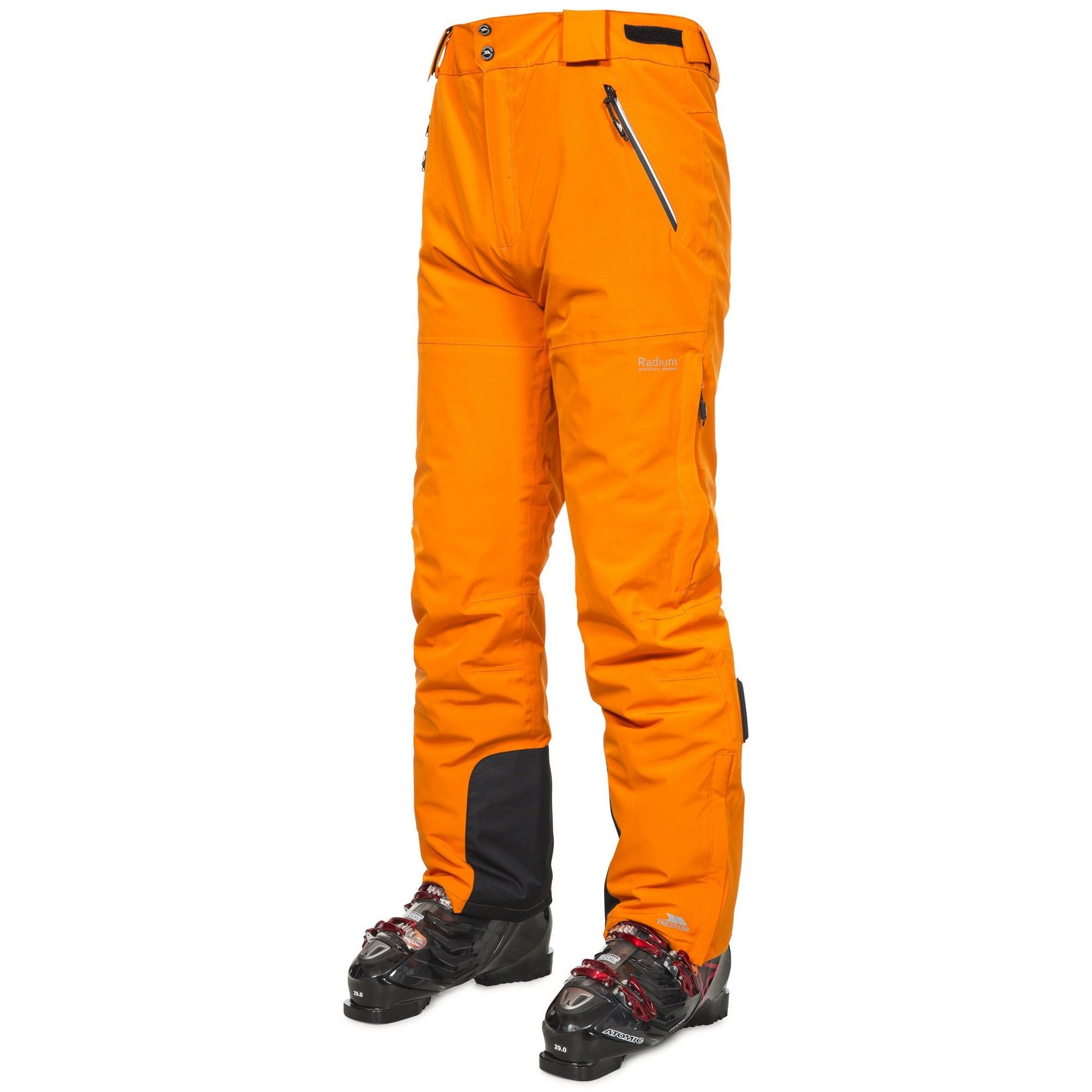 Lightly padded. Microfleece at seat and knees. 3 water repellent zip pockets. Detachable braces. Side leg ventilation zips. Side leg ankle zip with facing. Ankle gaiters. Articulated knees. Slim fit. Waterproof 10000mm, breathable 70000mvp, windproof, taped seams, Recco. Shell: 92% Polyester/8% Elastane, Lining: 100% Polyester, Filling: 100% Polyester. Trespass Mens Waist Sizing (approx): S - 32in/81cm, M - 34in/86cm, L - 36in/91.5cm, XL - 38in/96.5cm, XXL - 40in/101.5cm, 3XL - 42in/106.5cm.